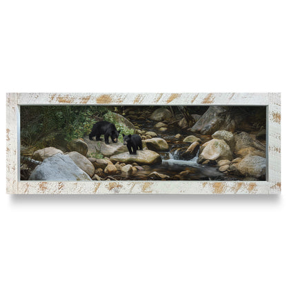 Streamside Black Bear Cubs | Real Wood Framed Wall Art Print | Skinny