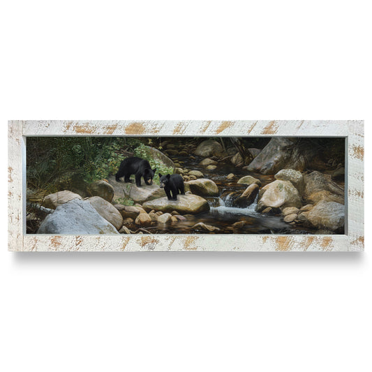 Streamside Black Bear Cubs | Real Wood Framed Wall Art Print | Skinny
