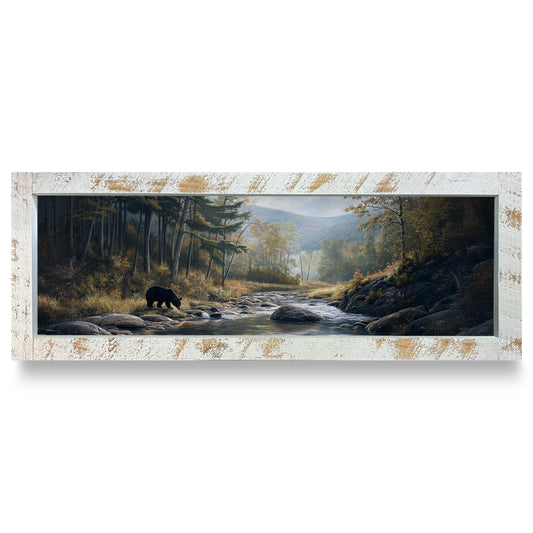 Black Bear Woodland Stream | Real Wood Framed Wall Art Print | Skinny