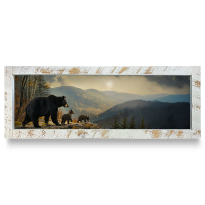 Hazy Black Bear Family | Real Wood Framed Wall Art Print | Skinny