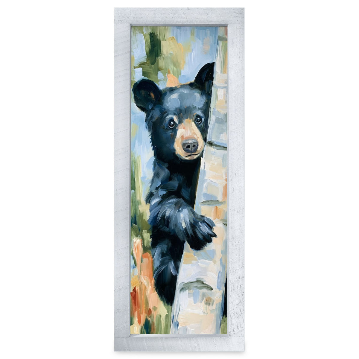 Peeking Birch Bear Cub | Real Wood Framed Wall Art Print | Skinny
