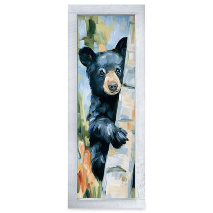 Peeking Birch Bear Cub | Real Wood Framed Wall Art Print | Skinny