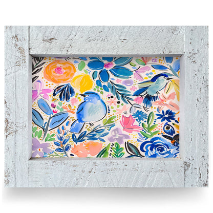 Bluebird Garden Blooms | Real Wood Framed Wall Art Print