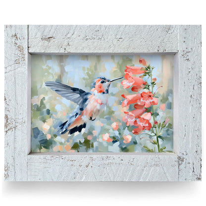 Hummingbird Coral Blooms | Real Wood Framed Wall Art Print