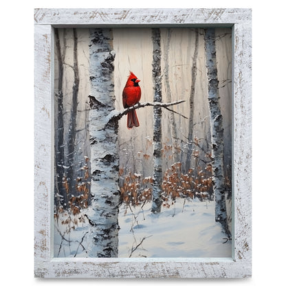 Snowy Cardinal In Birch Tree | Real Wood Framed Wall Art Print