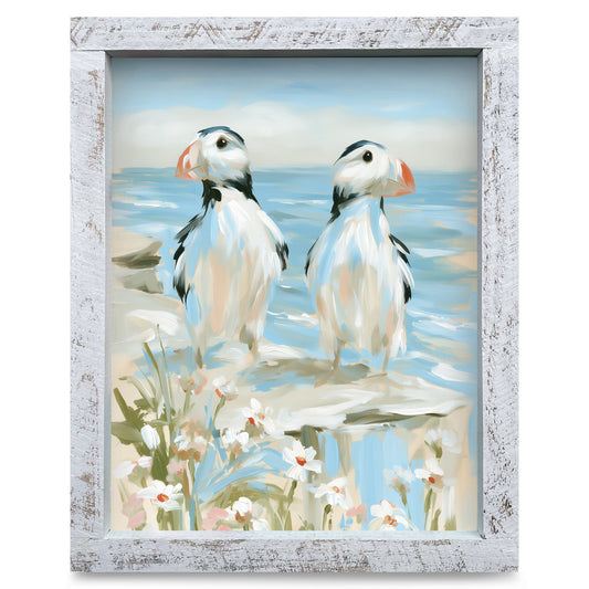 Seaside Puffin Pair | Real Wood Framed Wall Art Print