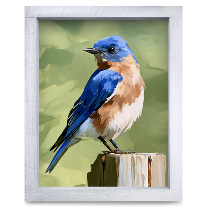 Perched Bluebird real wood framed print, second size