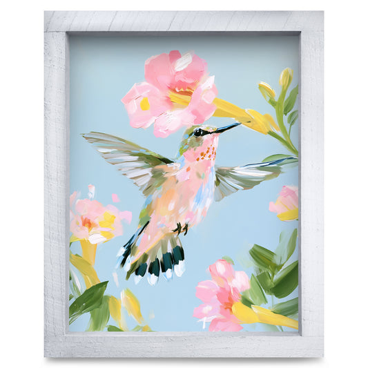 Hummingbird And Blooms real wood framed print, second size