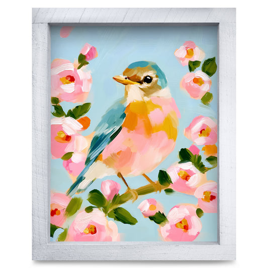 Blossom Branch Songbird real wood framed print, second size