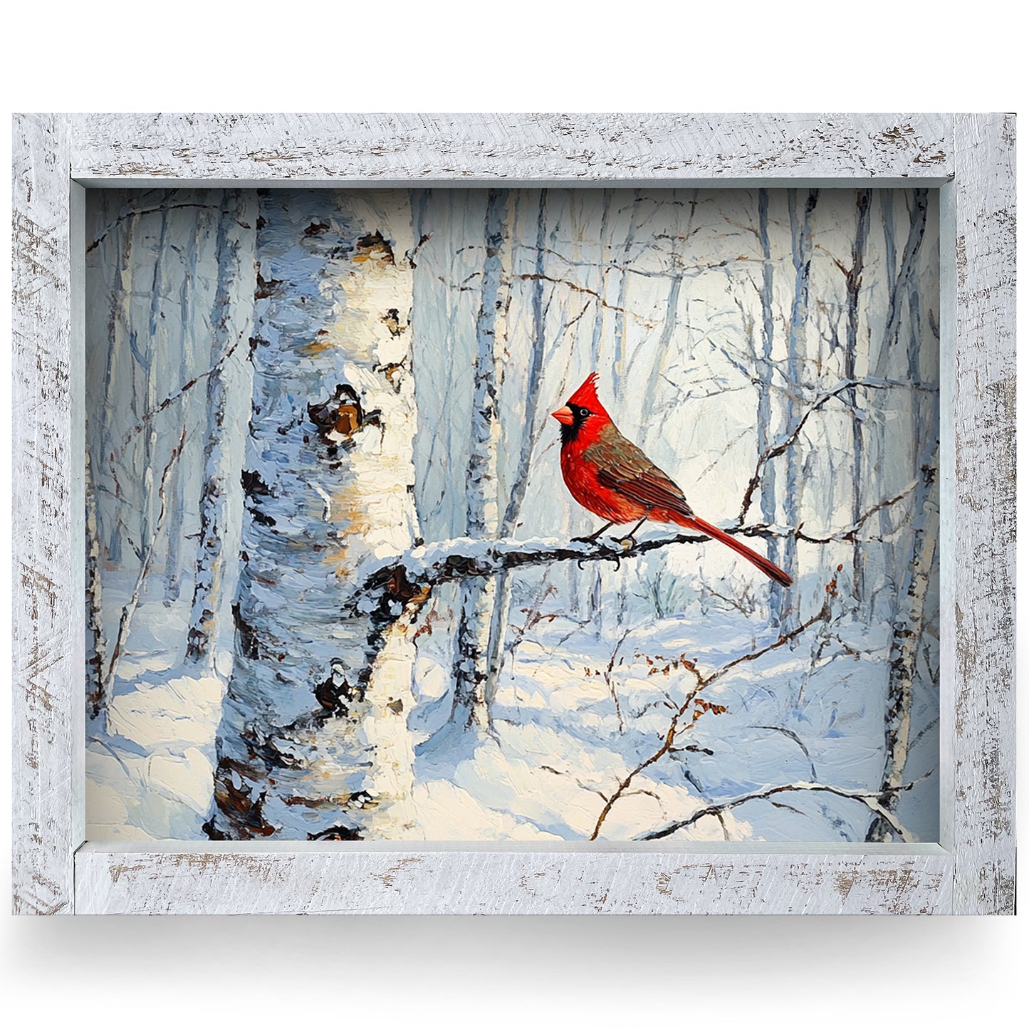 Wintry Cardinal Scene | Real Wood Framed Wall Art Print | Horizontal