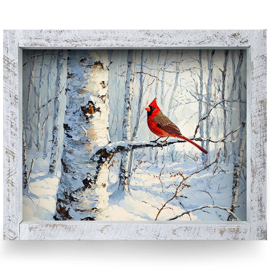 Wintry Cardinal Scene | Real Wood Framed Wall Art Print | Horizontal