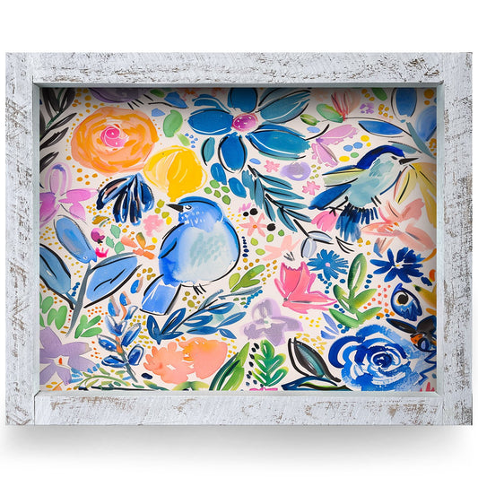 Bluebird Garden Blooms | Real Wood Framed Wall Art Print