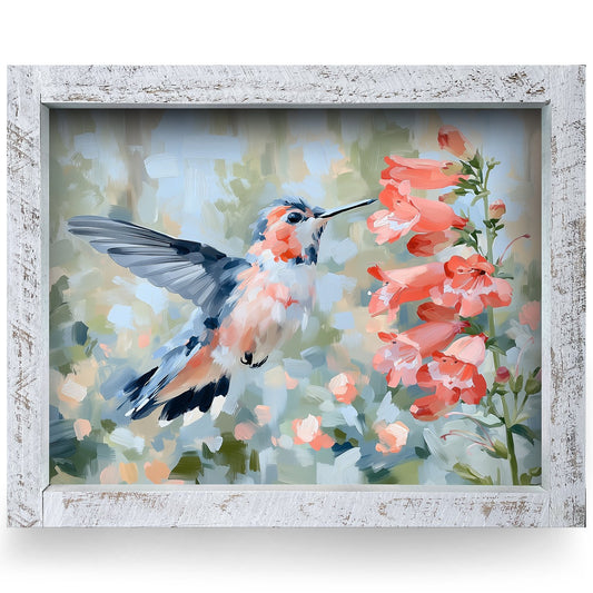 Hummingbird Coral Blooms | Real Wood Framed Wall Art Print