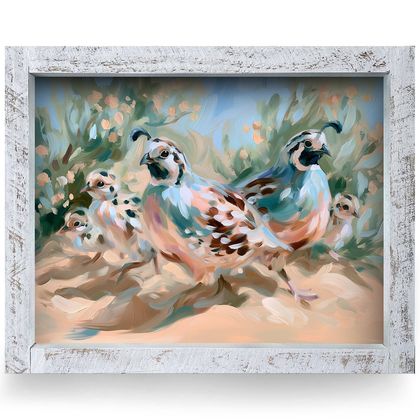 Desert Quail Family | Real Wood Framed Wall Art Print