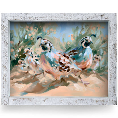 Desert Quail Family | Real Wood Framed Wall Art Print