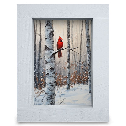 Snowy Cardinal In Birch Tree | Real Wood Framed Wall Art Print