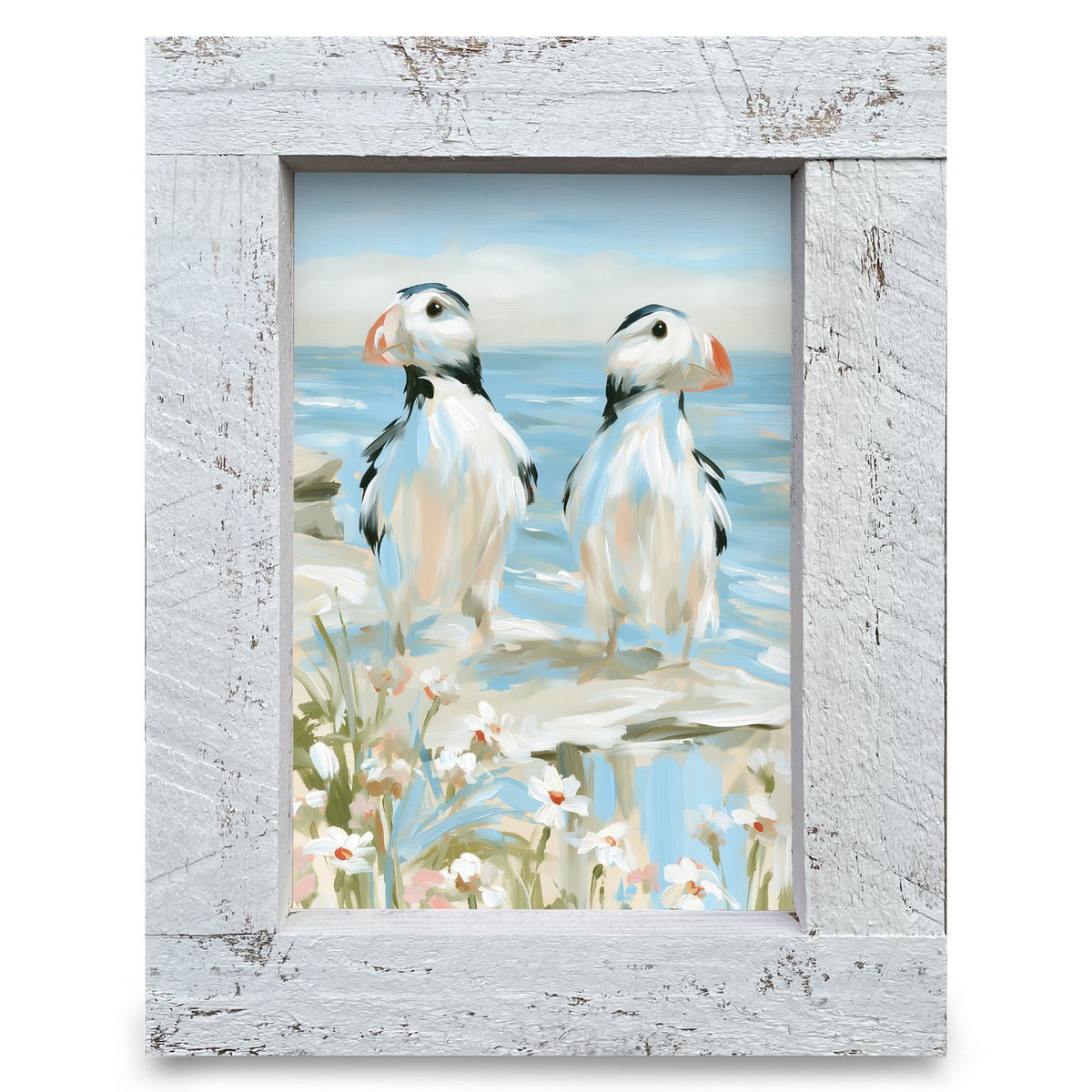 Seaside Puffin Pair | Real Wood Framed Wall Art Print