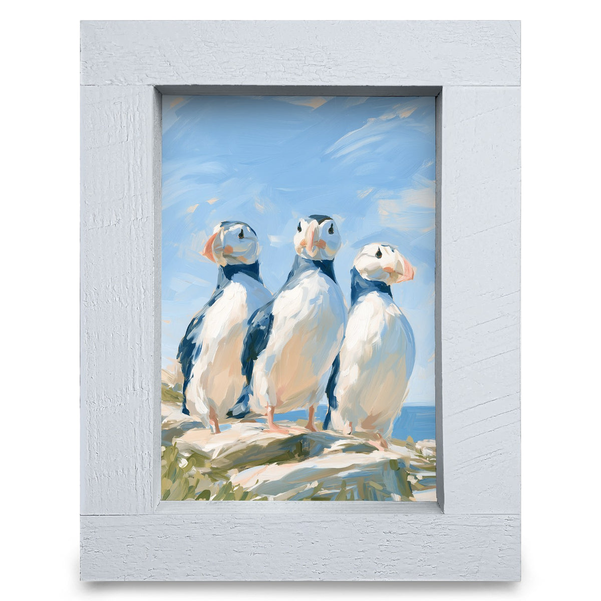 Puffin Trio | Real Wood Framed Wall Art Print