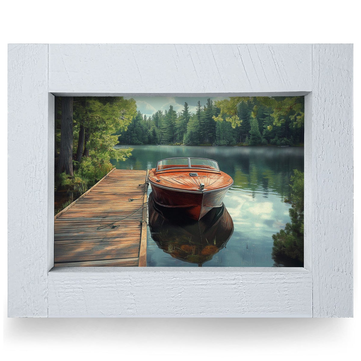 Classic Wooden Boat Docked | Real Wood Framed Wall Art Print