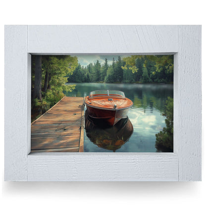 Classic Wooden Boat Docked | Real Wood Framed Wall Art Print