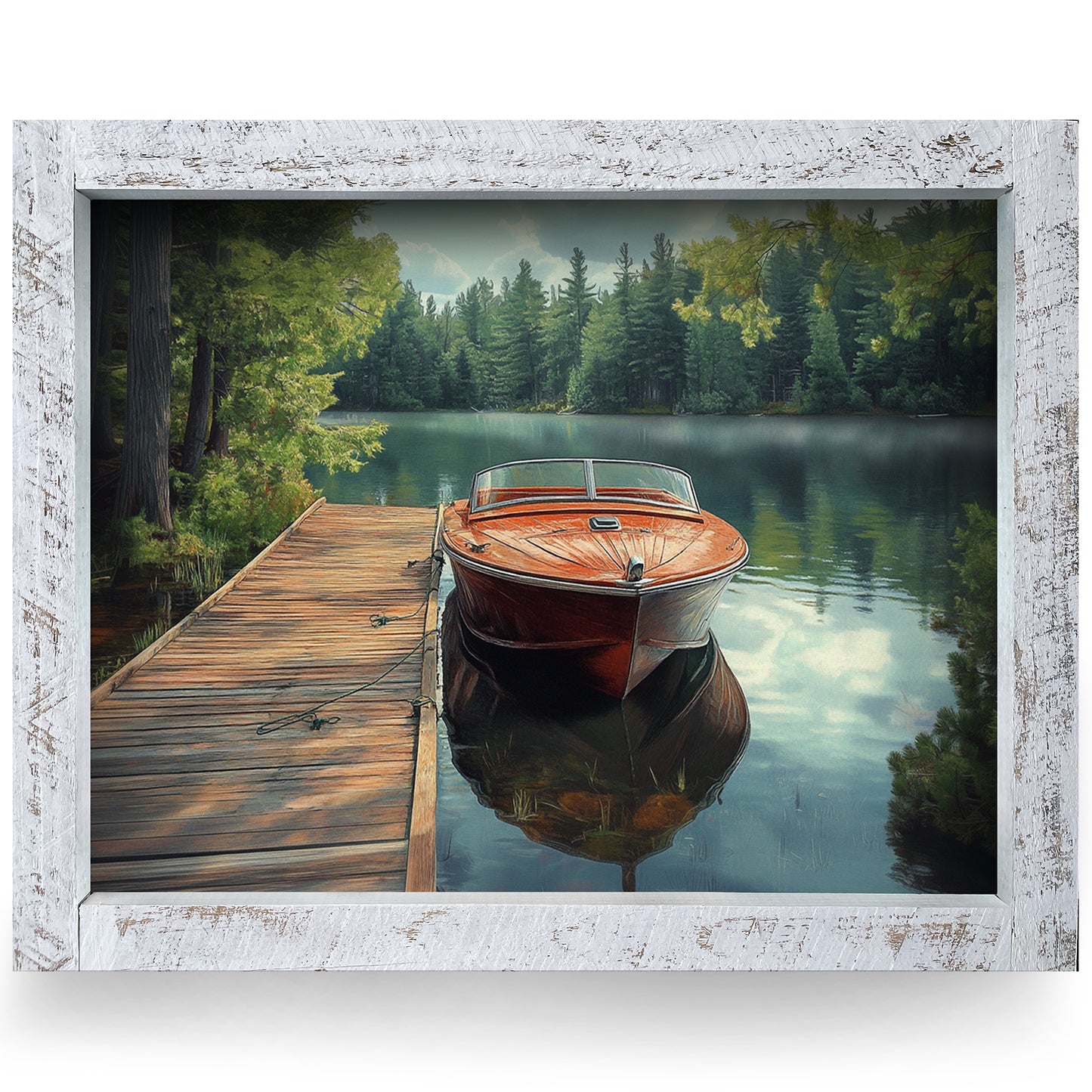 Classic Wooden Boat Docked | Real Wood Framed Wall Art Print