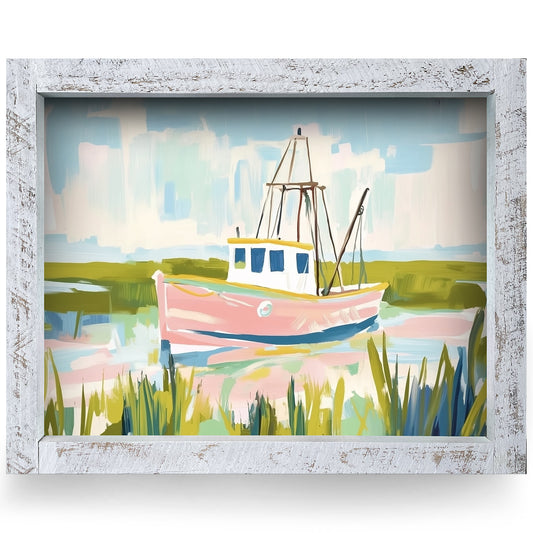 Pastel Shrimp Boat | Real Wood Framed Wall Art Print | Horizontal