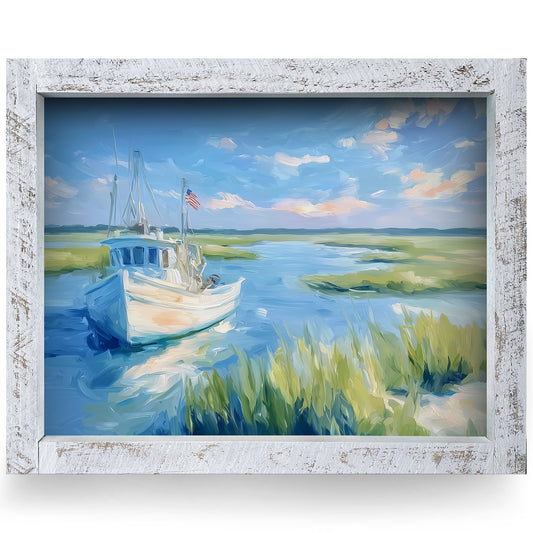 American Shrimp Boat | Real Wood Framed Wall Art Print