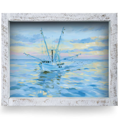 Shrimp Boat Sunset | Real Wood Framed Wall Art Print