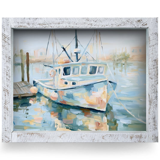 Harbor Fishing Boat | Real Wood Framed Wall Art Print