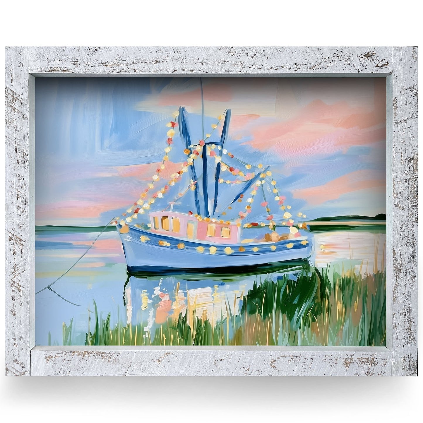 Shrimp Boat Christmas Lights | Real Wood Framed Wall Art Print