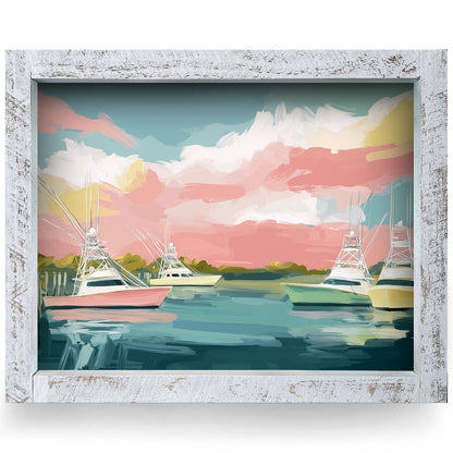 Sunset Marsh Sportfishing Boats | Real Wood Framed Wall Art Print