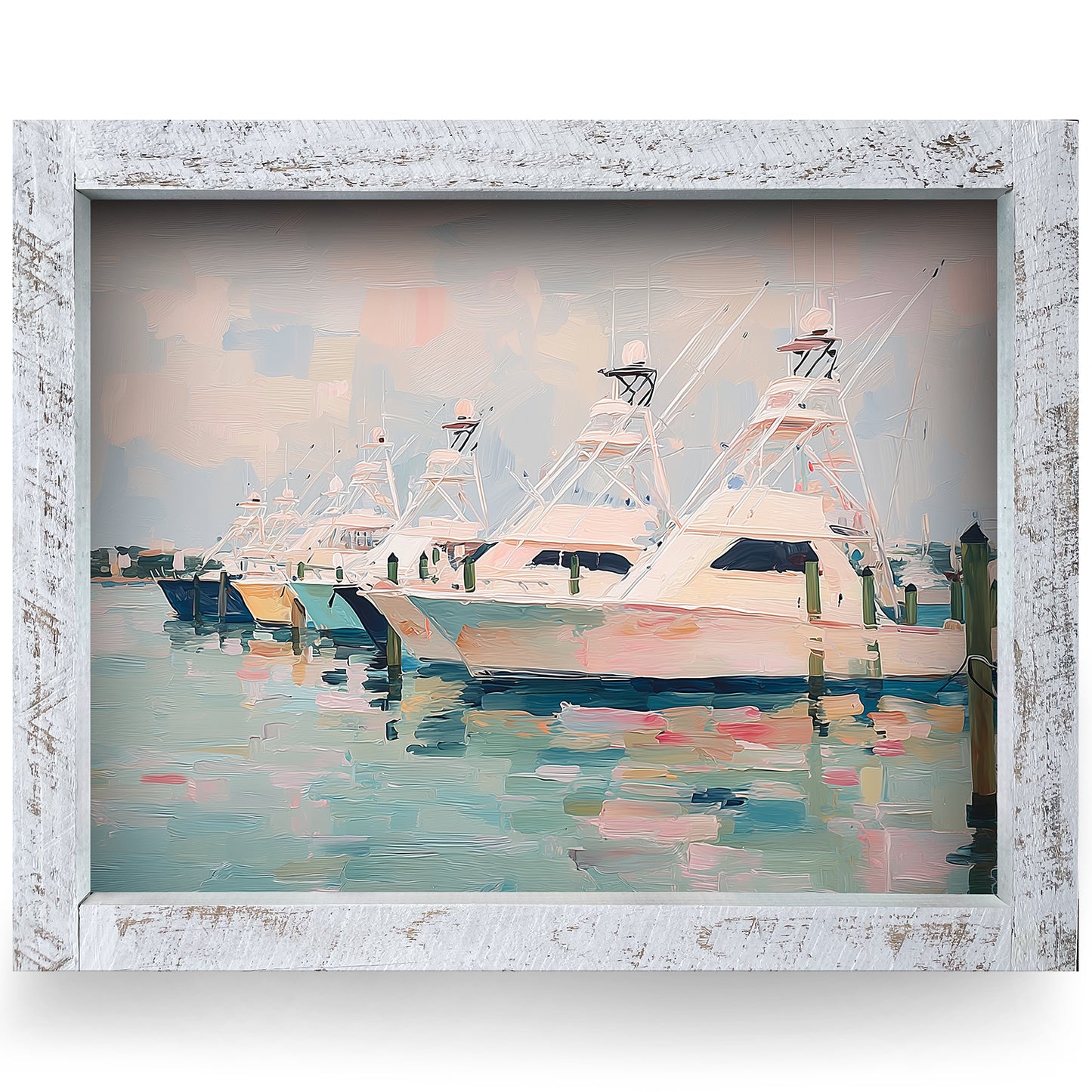 Dockside Sportfishing Boats | Real Wood Framed Wall Art Print |