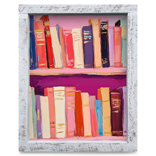 Cute Pink Bookshelf | Real Wood Framed Wall Art Print