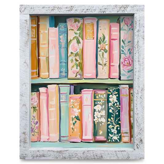 Cute Green Bookshelf | Real Wood Framed Wall Art Print
