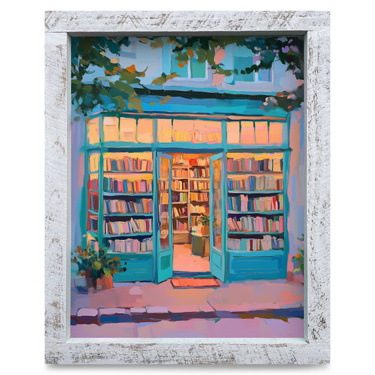Cute Bookstore | Real Wood Framed Wall Art Print