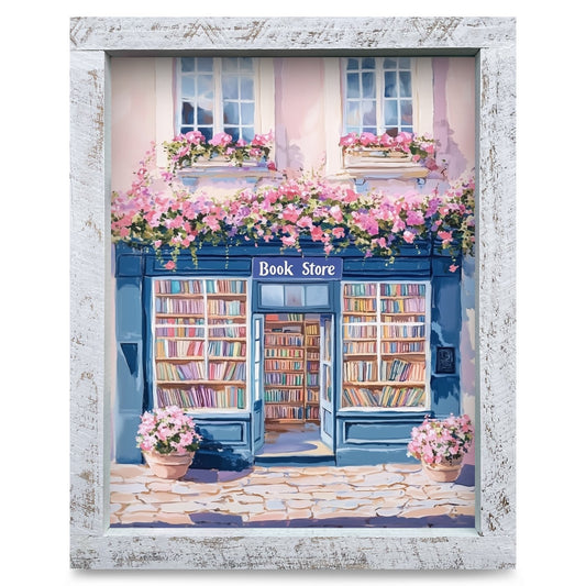Charming Pink Bookstore | Real Wood Framed Wall Art Print