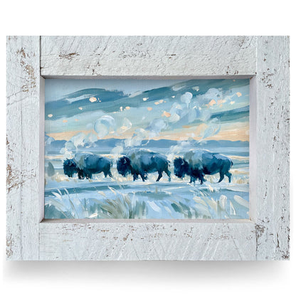 Frosty Morning Buffalo Herd | Real Wood Framed Wall Art Print