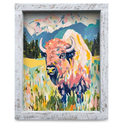 Colorful Buffalo | Real Wood Framed Wall Art Print