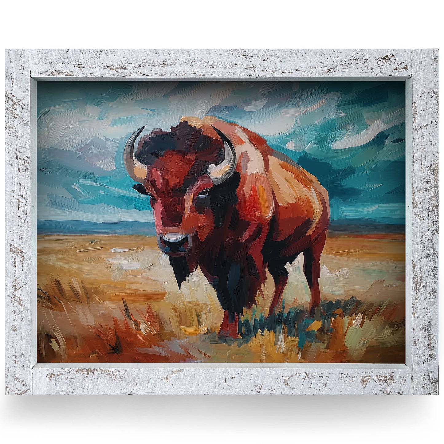 Strong American Bison | Real Wood Framed Wall Art Print | Horizontal