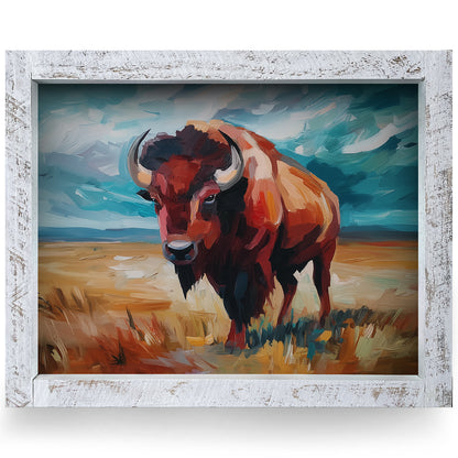 Strong American Bison | Real Wood Framed Wall Art Print | Horizontal
