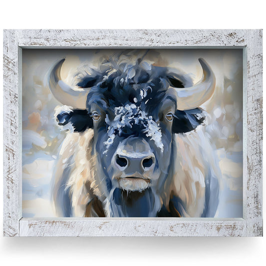 Winter Snow Buffalo | Real Wood Framed Wall Art Print