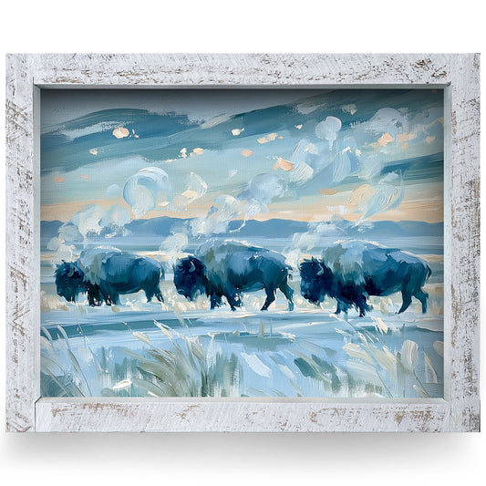 Frosty Morning Buffalo Herd | Real Wood Framed Wall Art Print