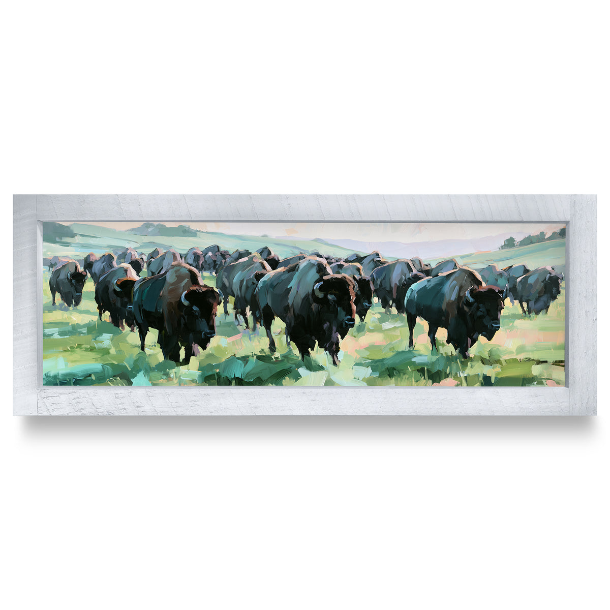 Bison Herd on the Prairie | Real Wood Framed Wall Art Print | Skinny