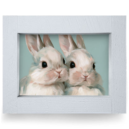 Snuggling Bunny Duo | Real Wood Framed Wall Art Print