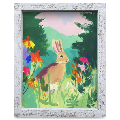 Wildflower Meadow Bunny | Real Wood Framed Wall Art Print