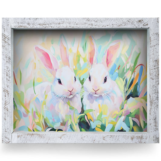 Spring Bunnies | Real Wood Framed Wall Art Print | Horizontal