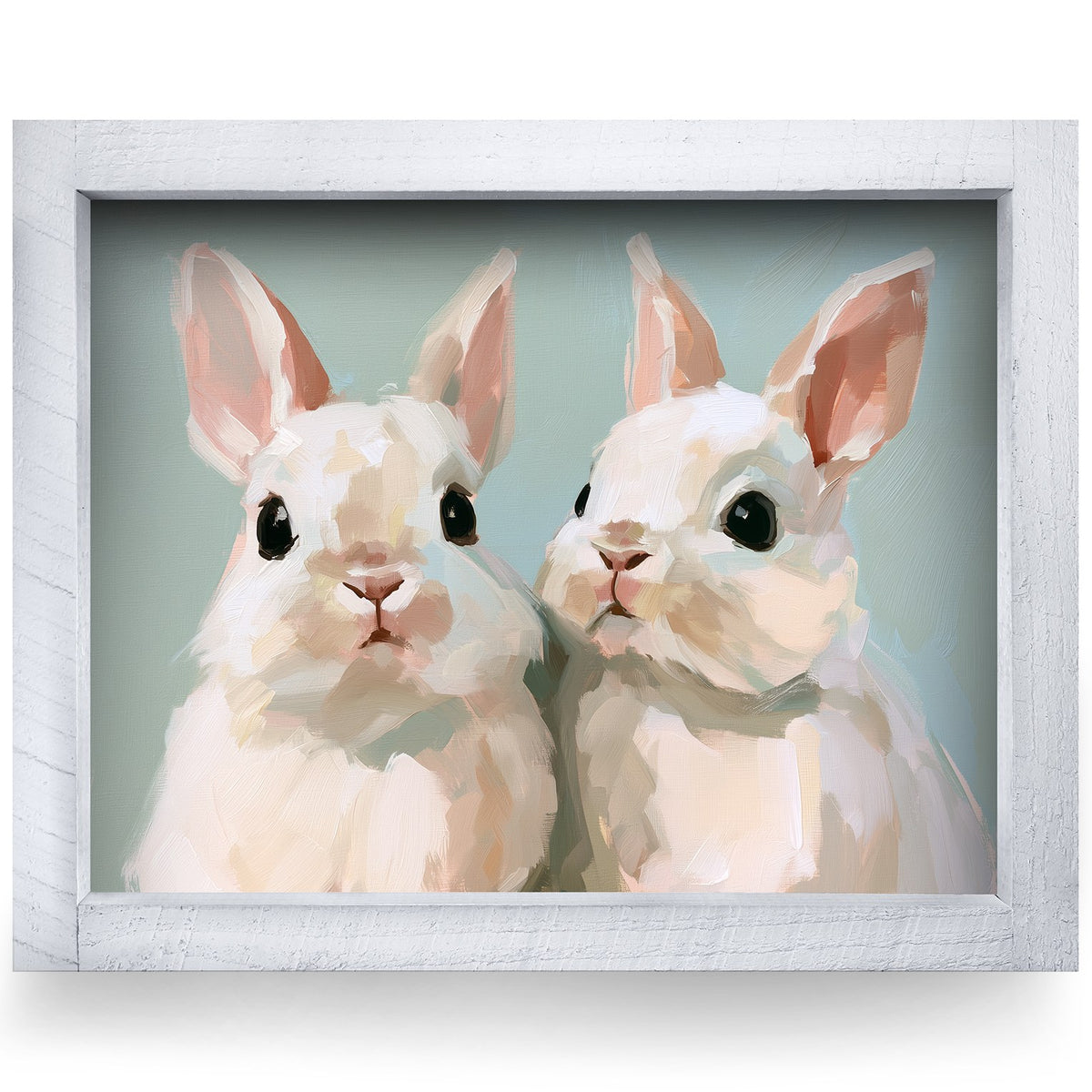 White Bunny Pair | Real Wood Framed Wall Art Print