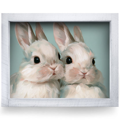 Snuggling Bunny Duo | Real Wood Framed Wall Art Print