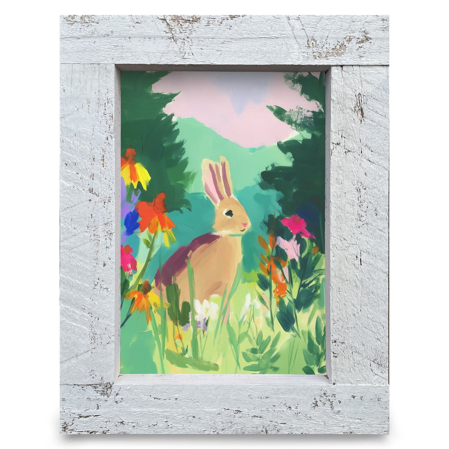 Wildflower Meadow Bunny | Real Wood Framed Wall Art Print