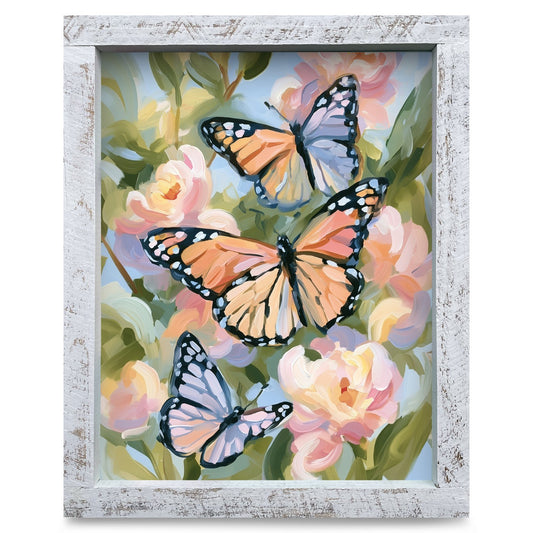 Butterflies Among Blush Blooms | Real Wood Framed Wall Art Print